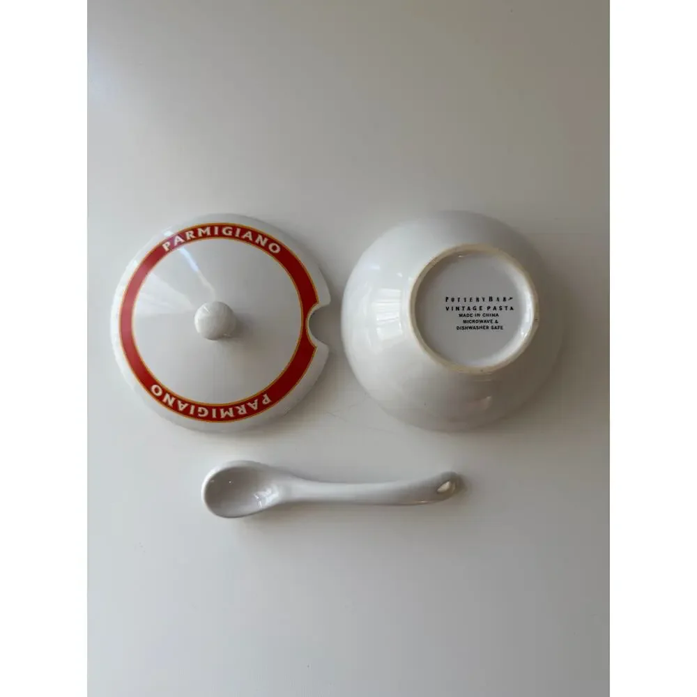 Pottery Barn Vintage Pasta Parmigiano Cheese Lidded Bowl w Spoon Olive Oil Dish